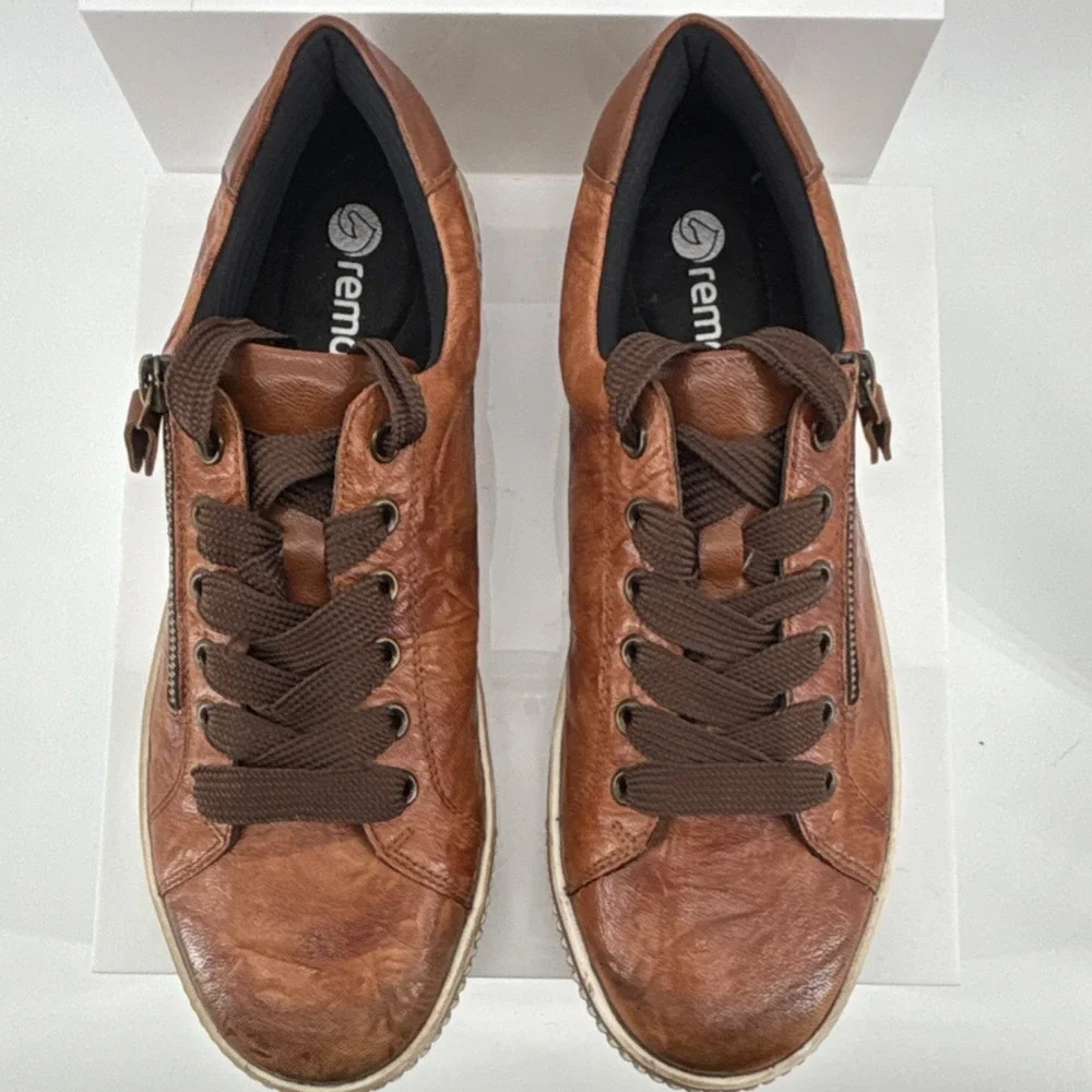 Remonte Brown Leather Lace-Up Sneakers Zipper Logo Women‎ US 9.5 EU 41 Comfort
